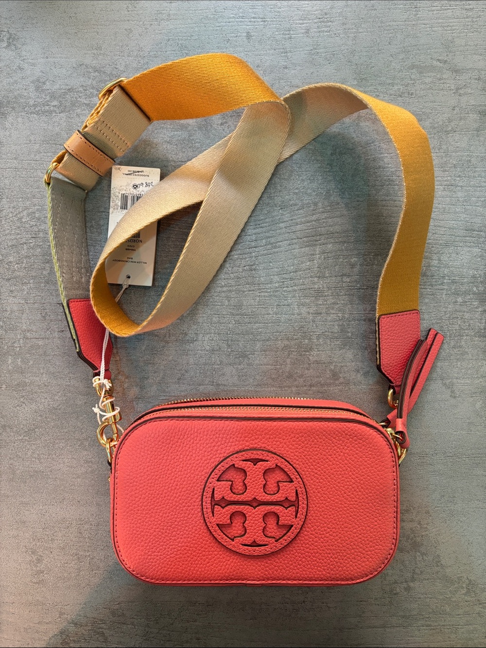 Tory Burch Coral Pebbled Leather Miller Mini Crossbody bag purse w/ Yellow Strap